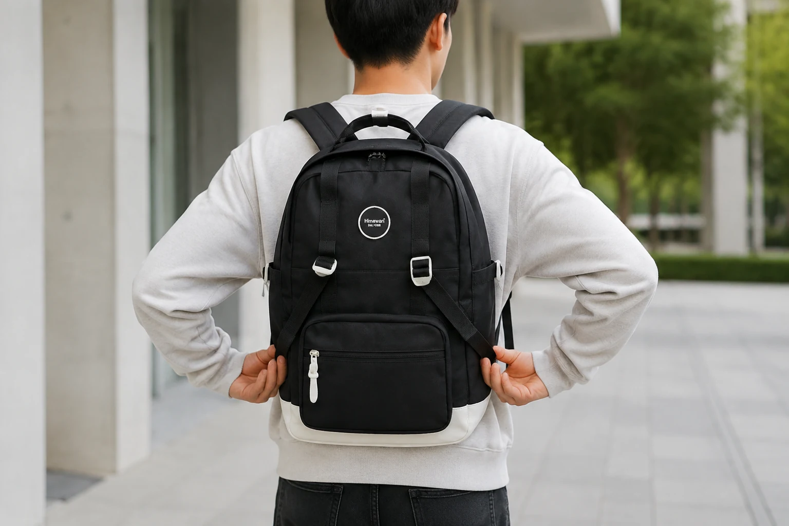 올리브색 백팩을 멘 사람이 양쪽 어깨끈 길이를 조절하는 모습