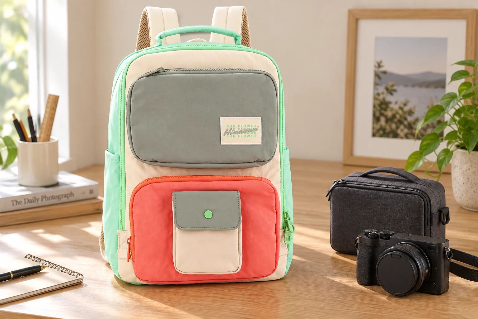 민트·아이보리·코랄 배색 Himawari No.8029 옆에 카메라와 닫힌 보호 케이스를 따로 놓은 AI 연출 사진